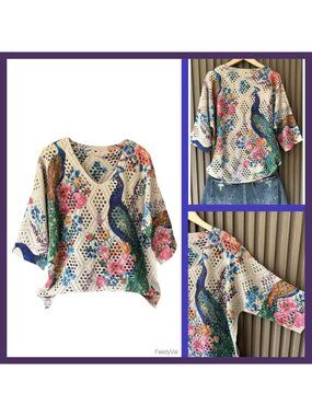 Crochet Beach Summer Sweater 3/4 Sleeve Boho Pullover